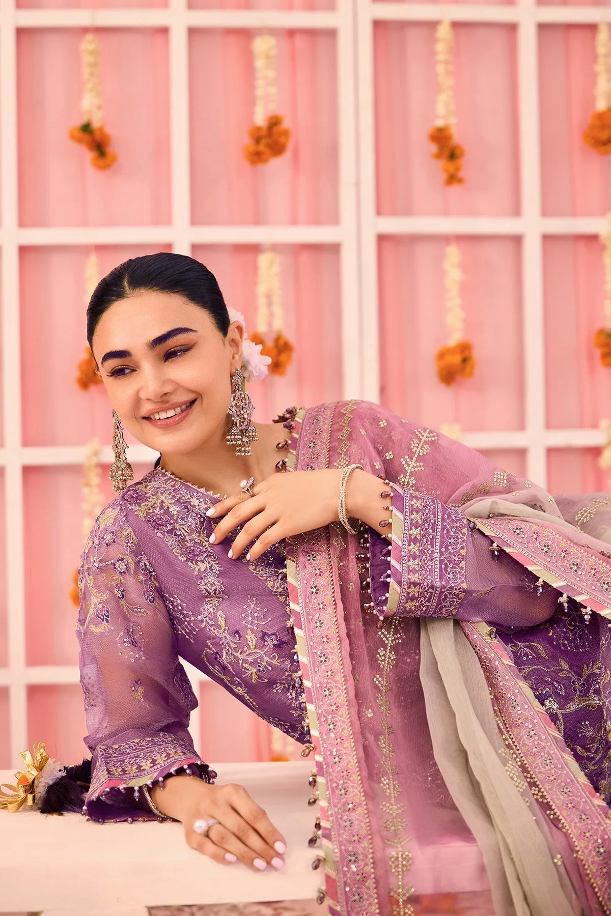 plum zari net dress with organza neckline and matching dupatta – view 5 – Poshaq