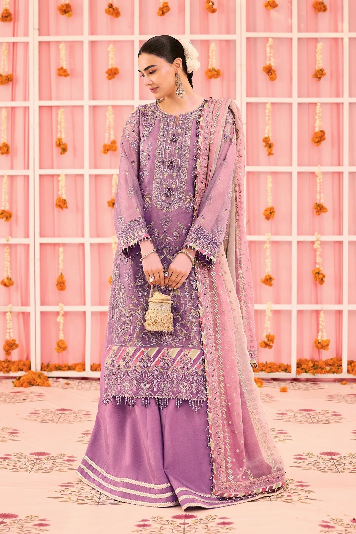 plum zari net dress with organza neckline and matching dupatta – view 6 – Poshaq