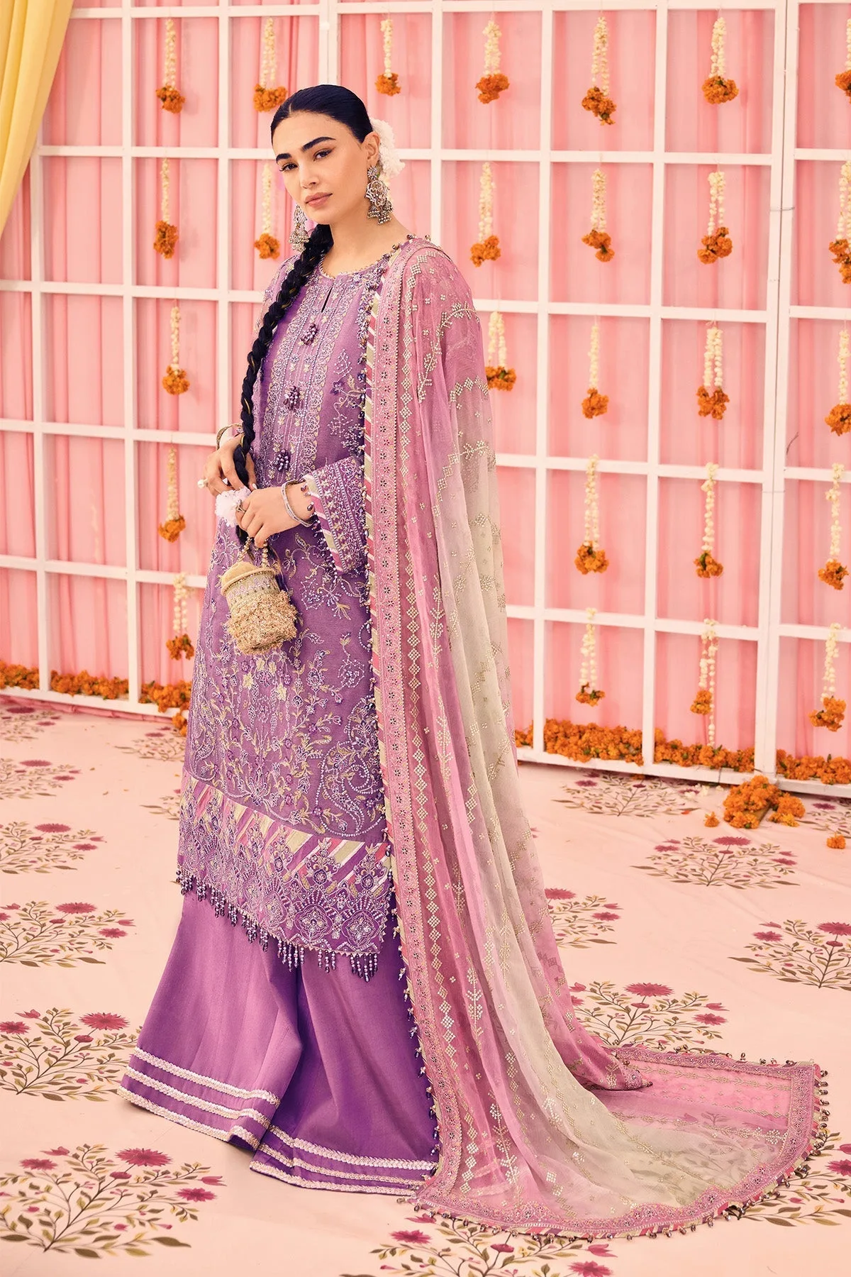 plum zari net dress with organza neckline and matching dupatta – view 7 – Poshaq
