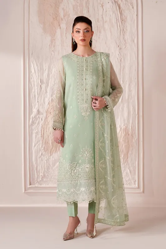 Pastel mint long shirt with embroidered organza trim – view 1 – Poshaq