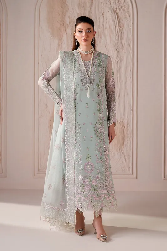 Ice blue long shirt with silk and organza detailing – view 1 – Poshaq