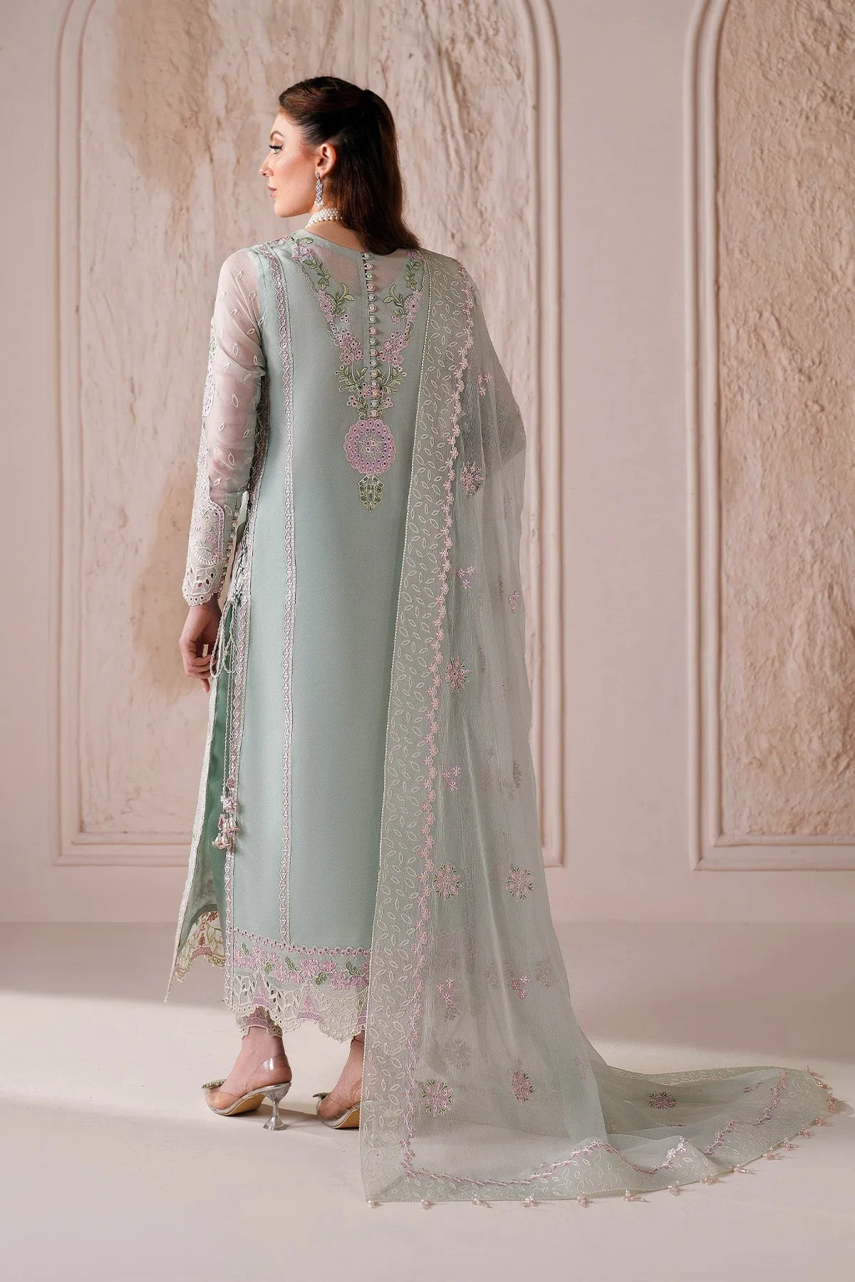 Ice blue long shirt with silk and organza detailing – view 2 – Poshaq