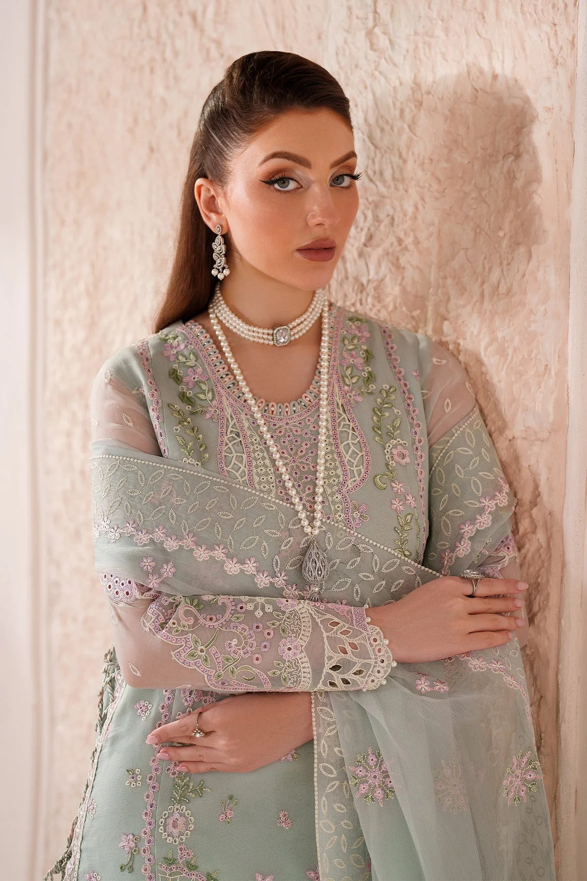 Ice blue long shirt with silk and organza detailing – view 3 – Poshaq