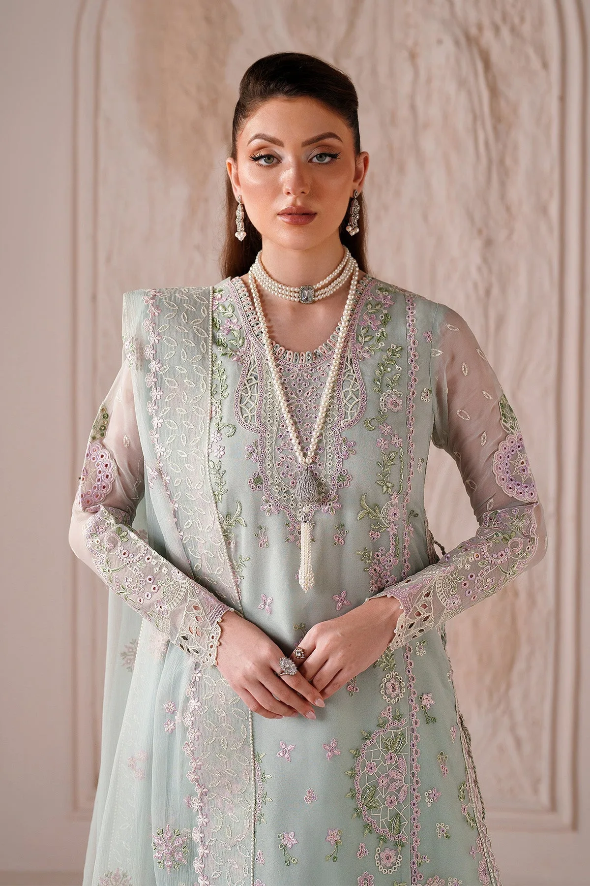 Ice blue long shirt with silk and organza detailing – view 4 – Poshaq