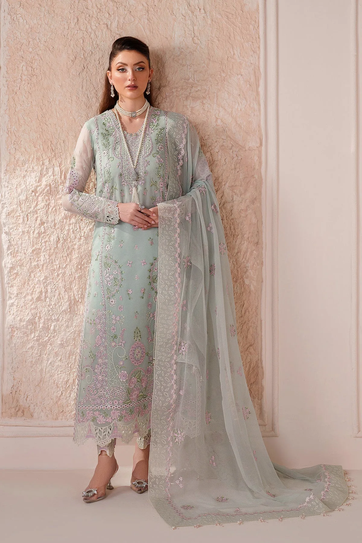 Ice blue long shirt with silk and organza detailing – view 5 – Poshaq