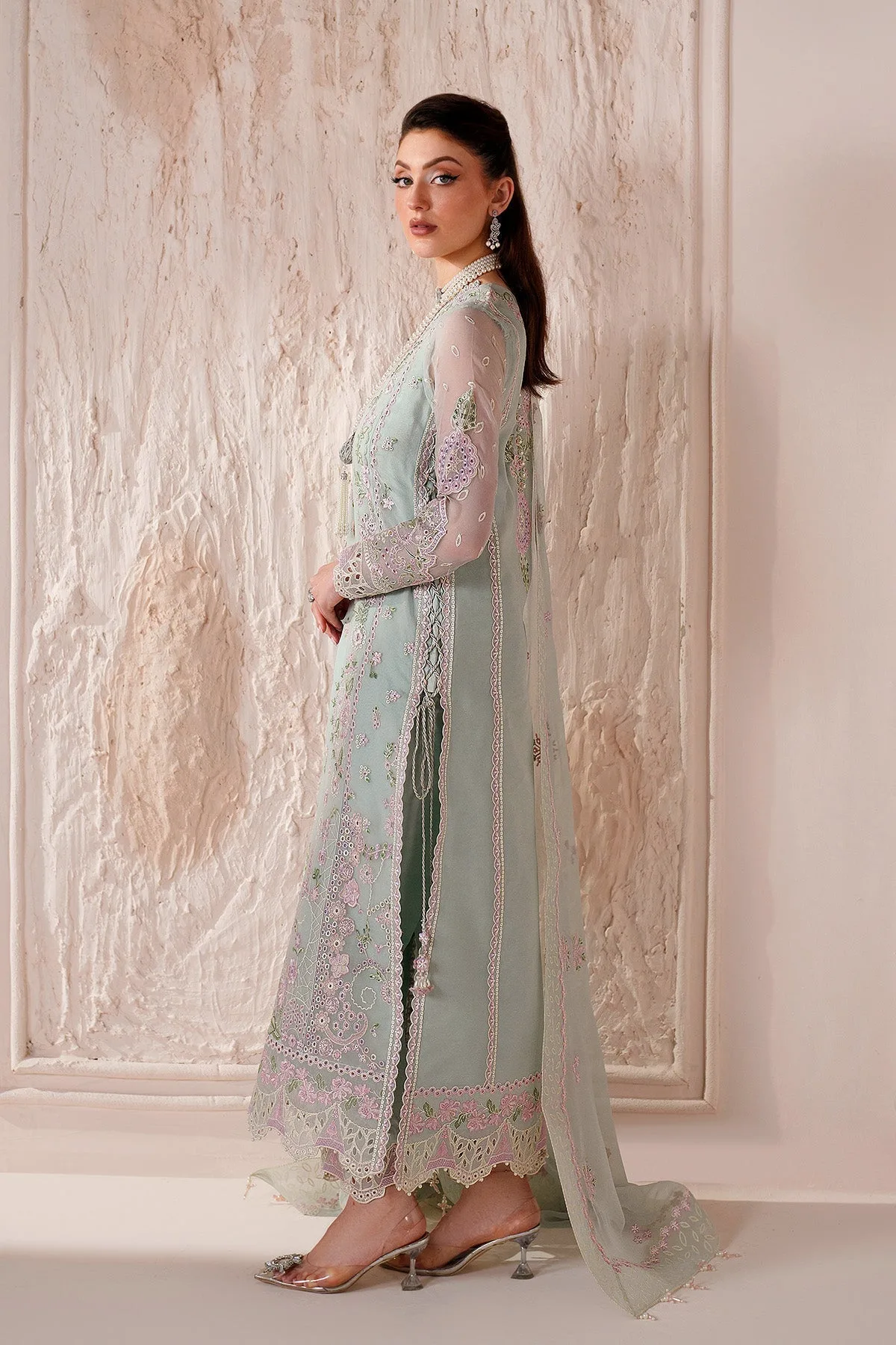 Ice blue long shirt with silk and organza detailing – view 6 – Poshaq