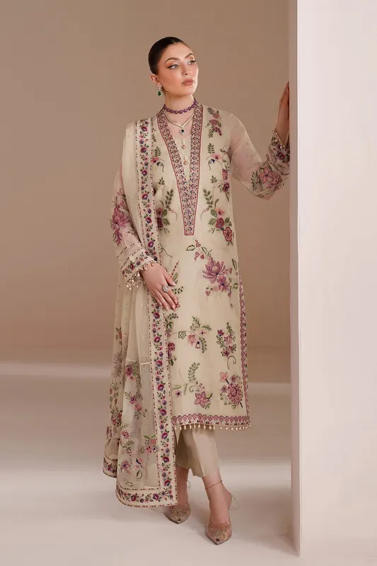 Vanilla long shirt with embroidered neckline and organza border – view 1 – Poshaq