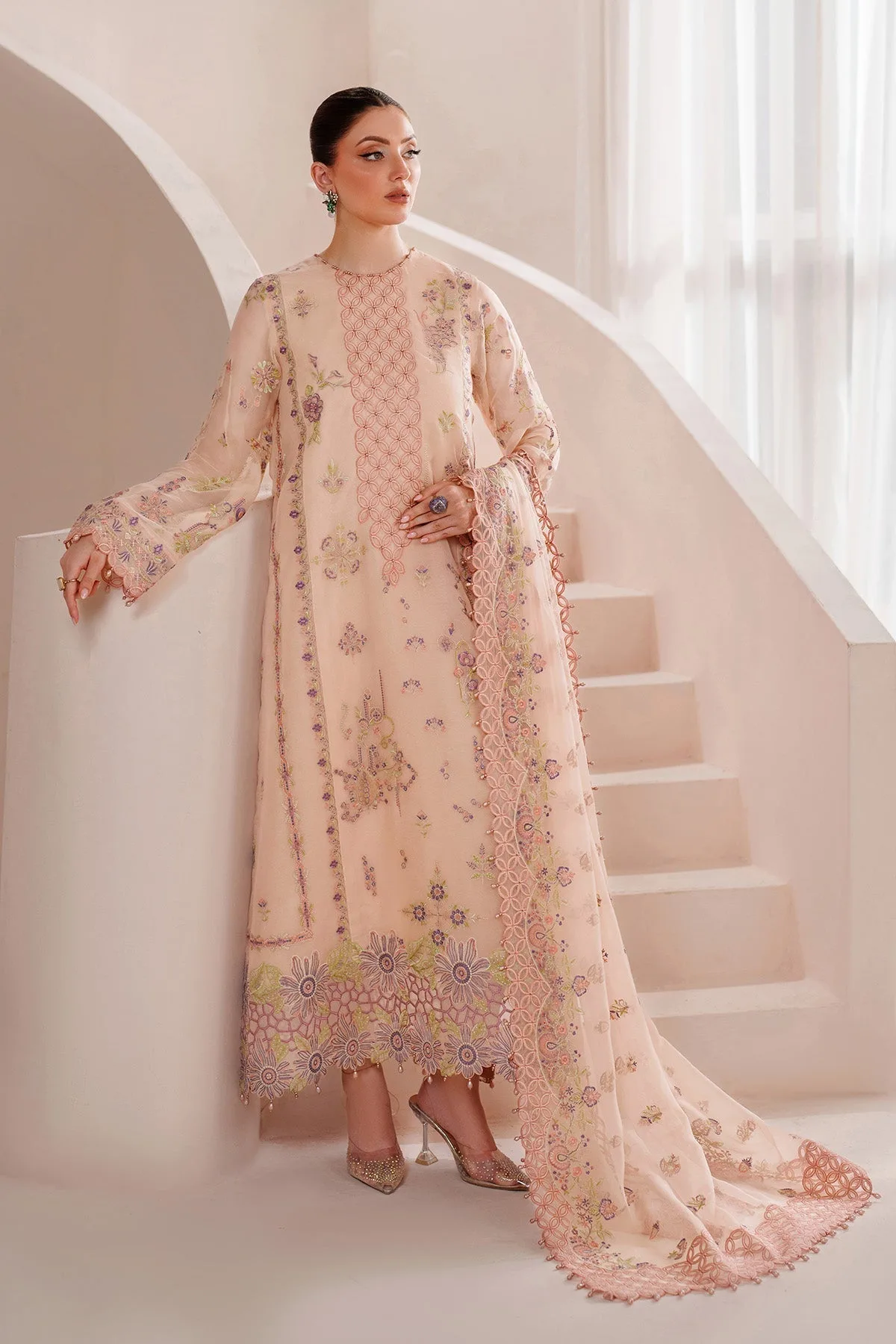Pale Peach long shirt with silk and organza detailing – view 1 – Poshaq