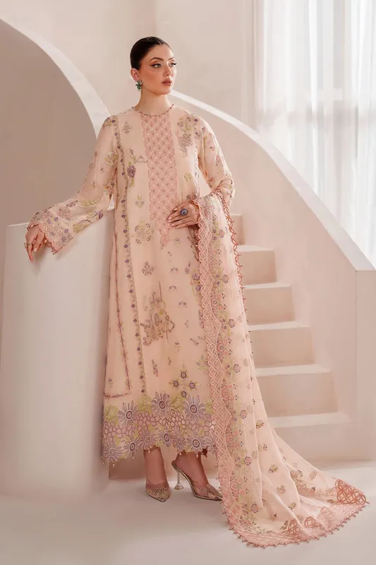 Pale Peach long shirt with silk and organza detailing – view 1 – Poshaq