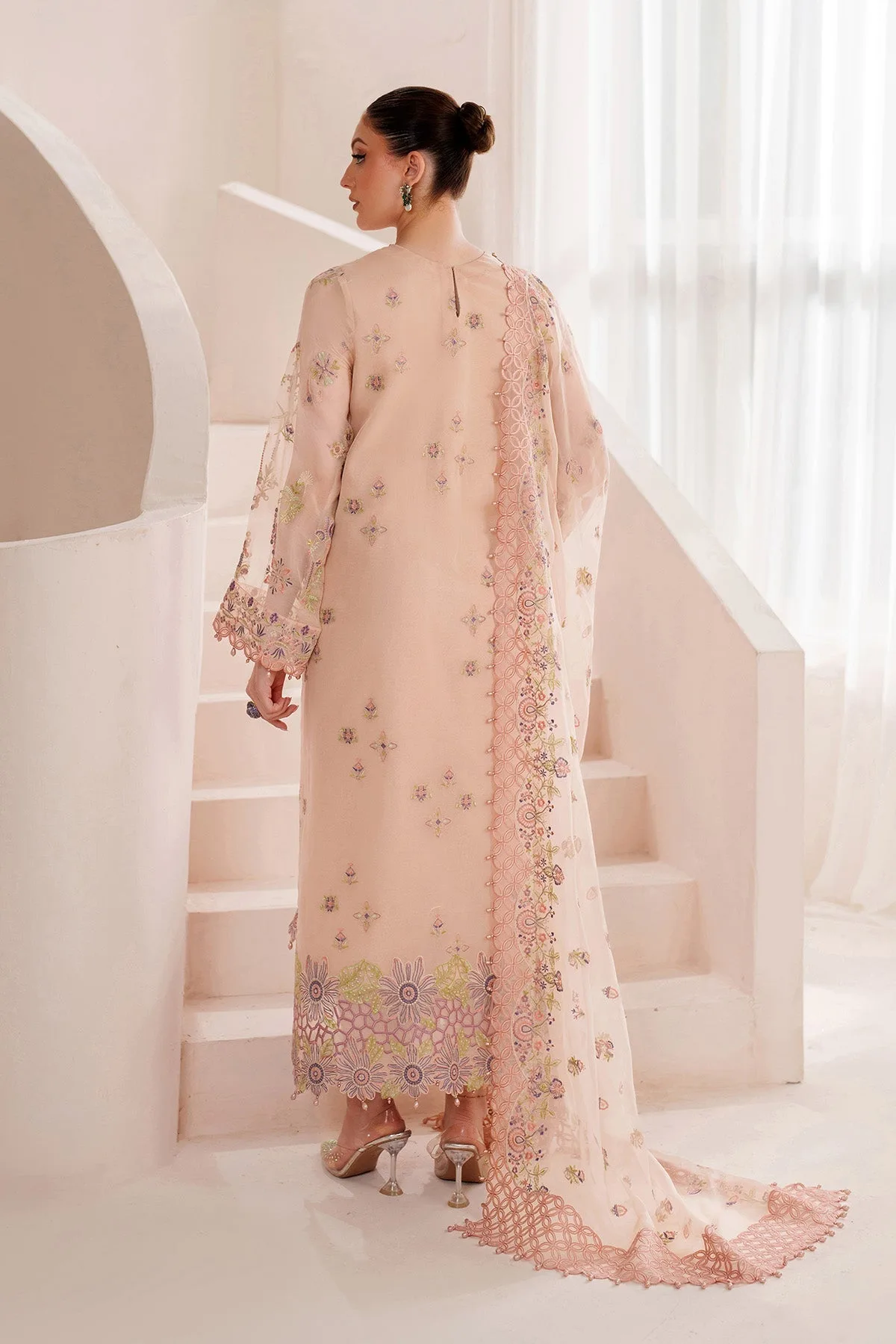 Pale Peach long shirt with silk and organza detailing – view 2 – Poshaq