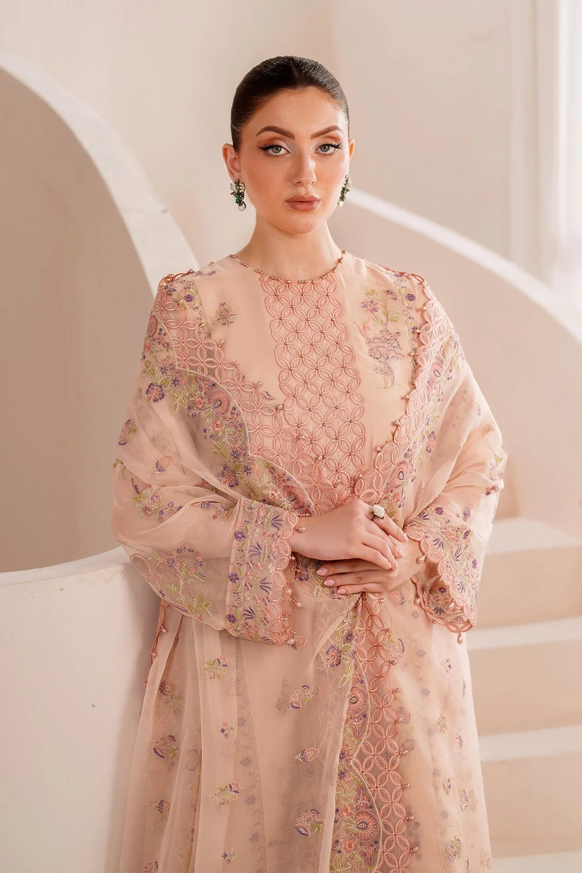 Pale Peach long shirt with silk and organza detailing – view 3 – Poshaq