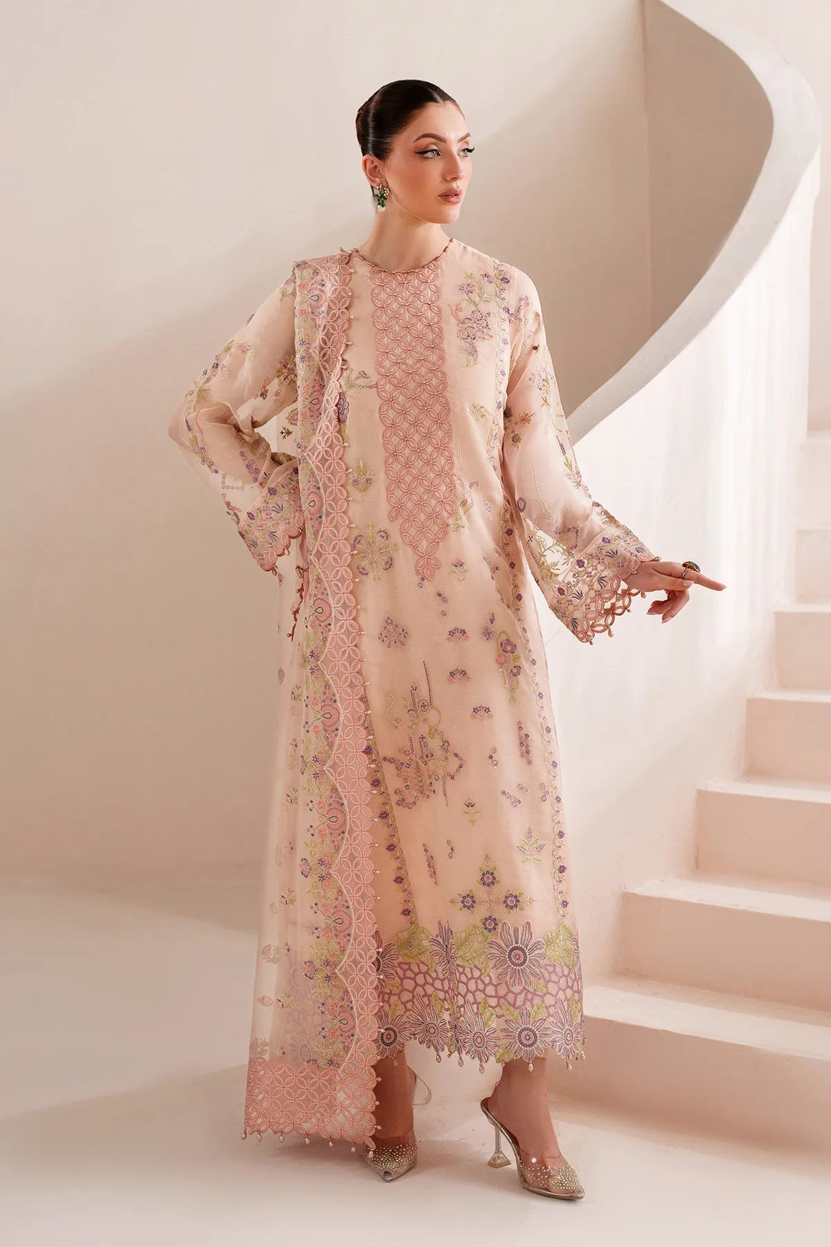 Pale Peach long shirt with silk and organza detailing – view 6 – Poshaq
