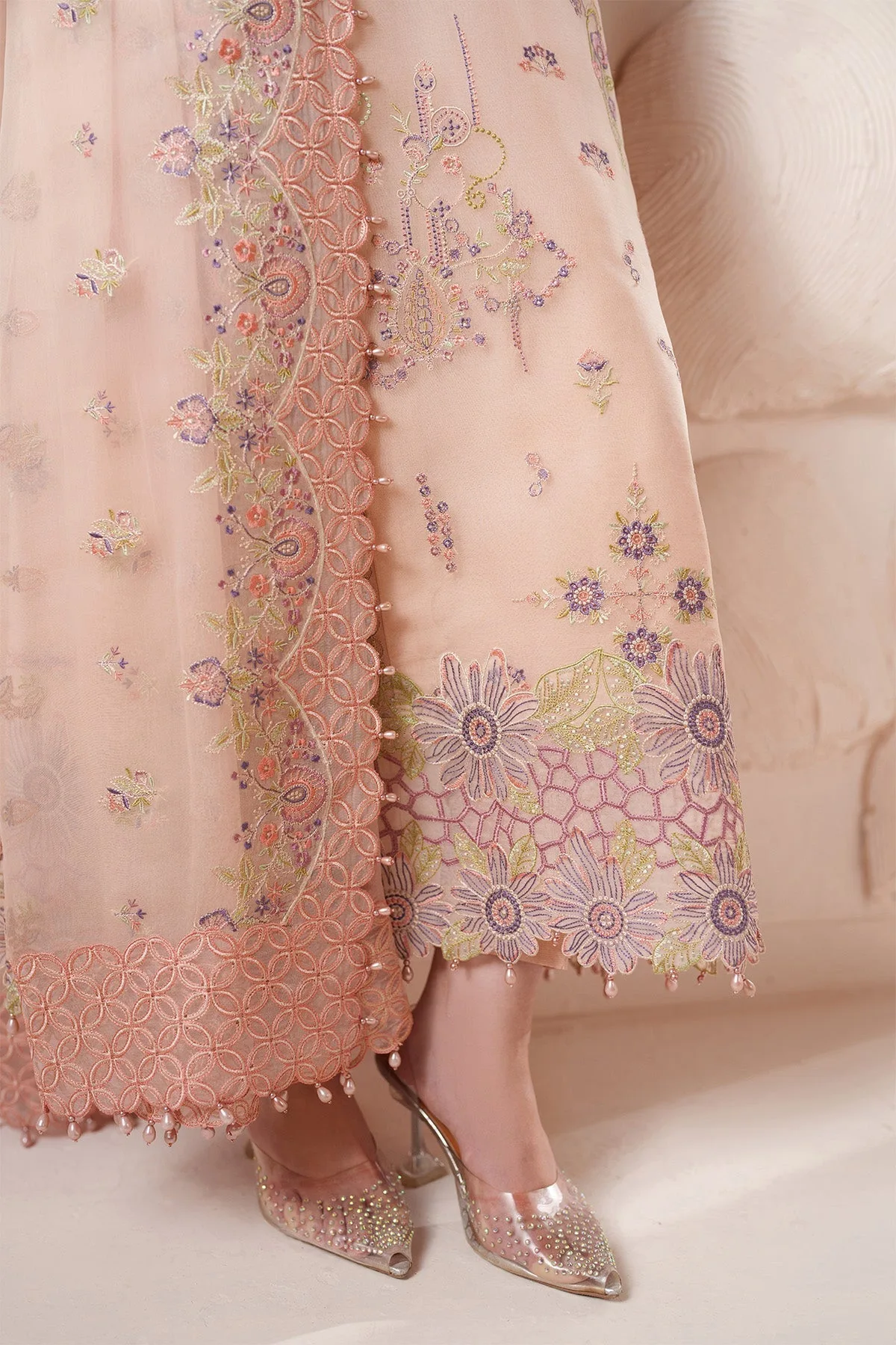 Pale Peach long shirt with silk and organza detailing – view 7 – Poshaq