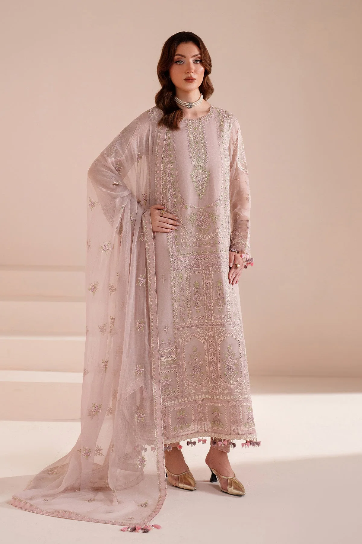 Lavender pinocchio long shirt with floral embroidery – view 1 – Poshaq