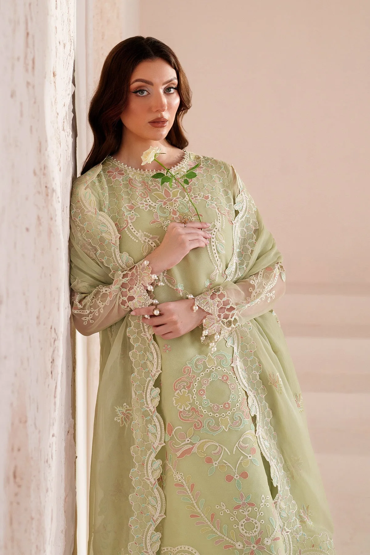 Mint Gray long shirt with organza detailing – view 3 – Poshaq