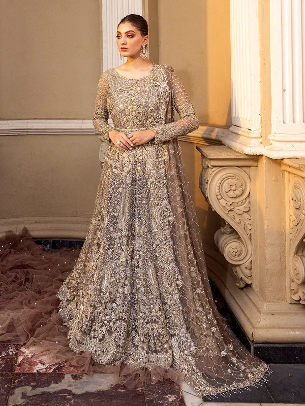 Peach net dress with flowing silhouette – view 1 – Poshaq