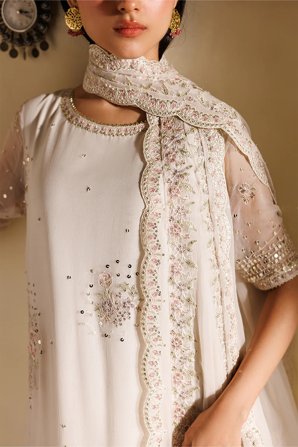 White Iznik embroidered chiffon ensemble with organza accents – view 2 – Poshaq