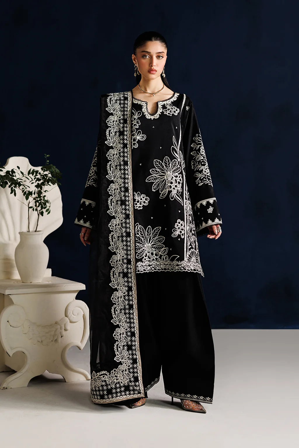 Black unstitched organza and silk formal dress with subtle detailing – view 1 – Poshaq