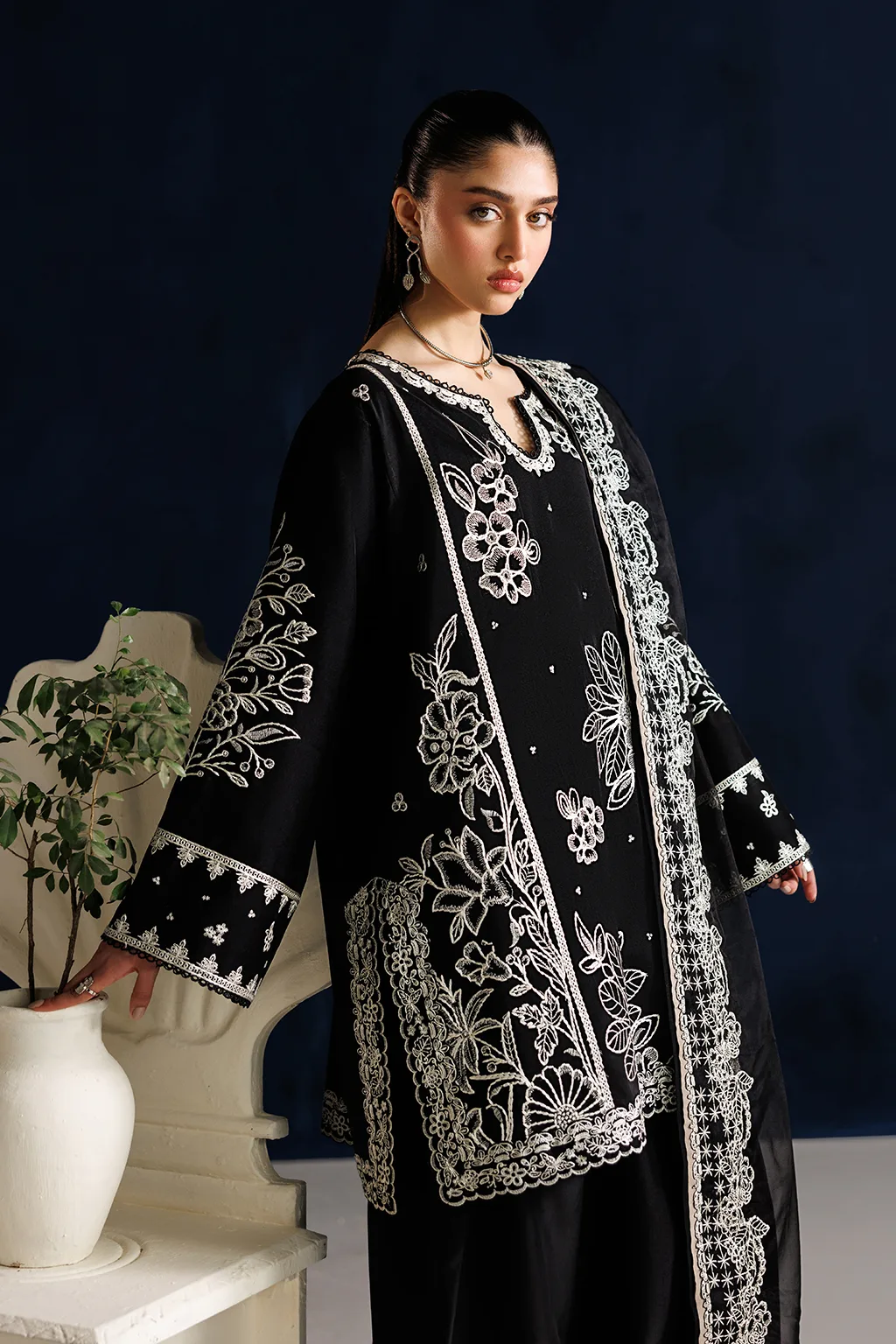 Black unstitched organza and silk formal dress with subtle detailing – view 2 – Poshaq