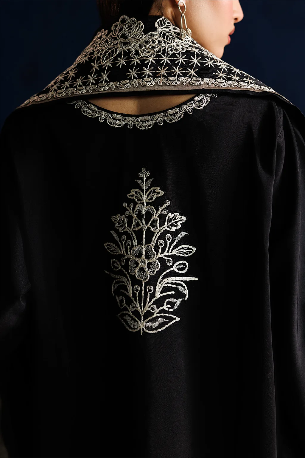 Black unstitched organza and silk formal dress with subtle detailing – view 6 – Poshaq