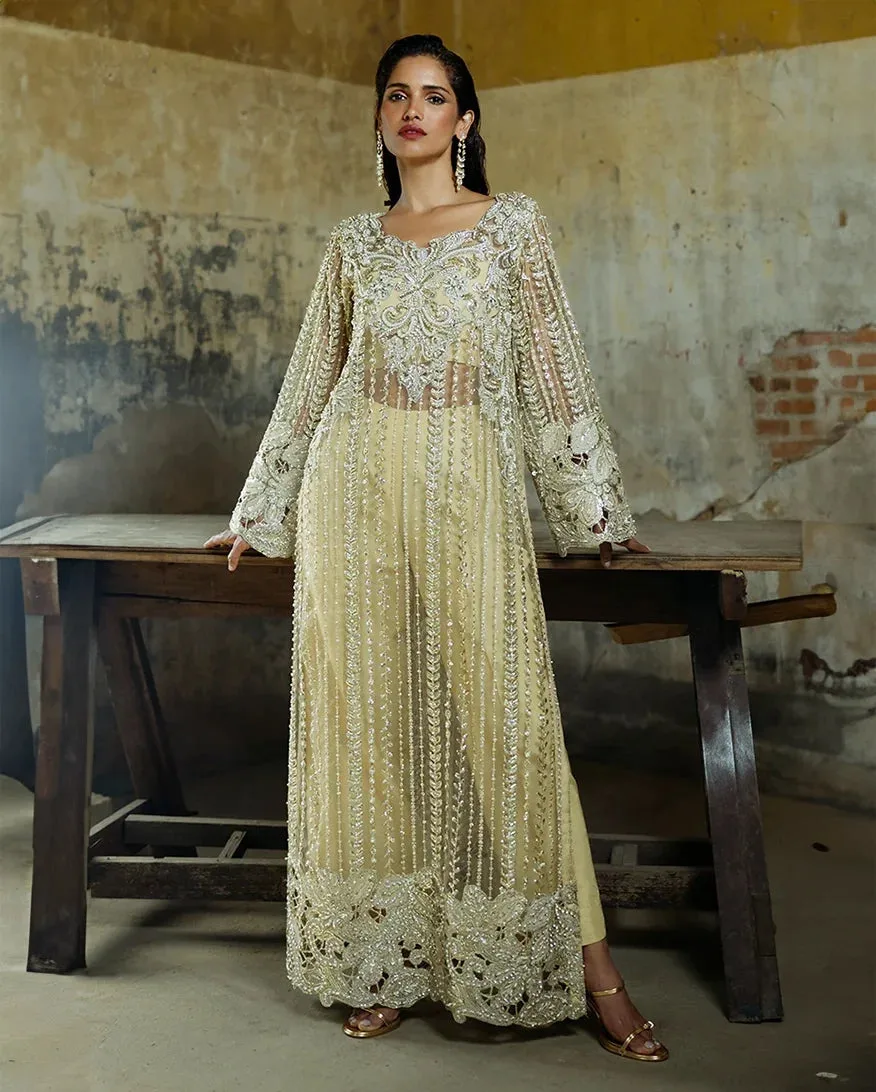 Luxury RTD formal ensemble in silk and net with subtle detailing – view 1 – Poshaq