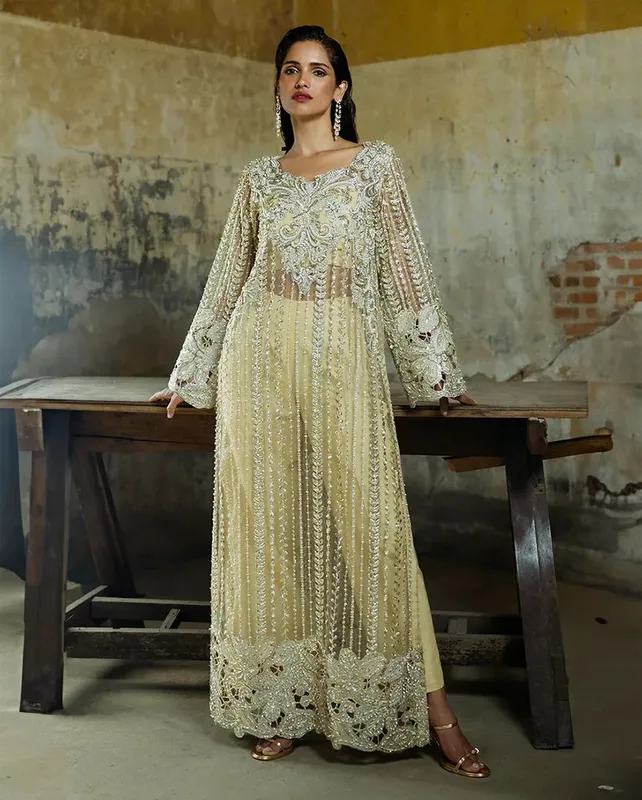 Luxury RTD formal ensemble in silk and net with subtle detailing – view 1 – Poshaq