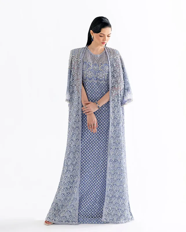 Ammarylis net shirt ensemble with silk slip and organza dupatta – view 1 – Poshaq