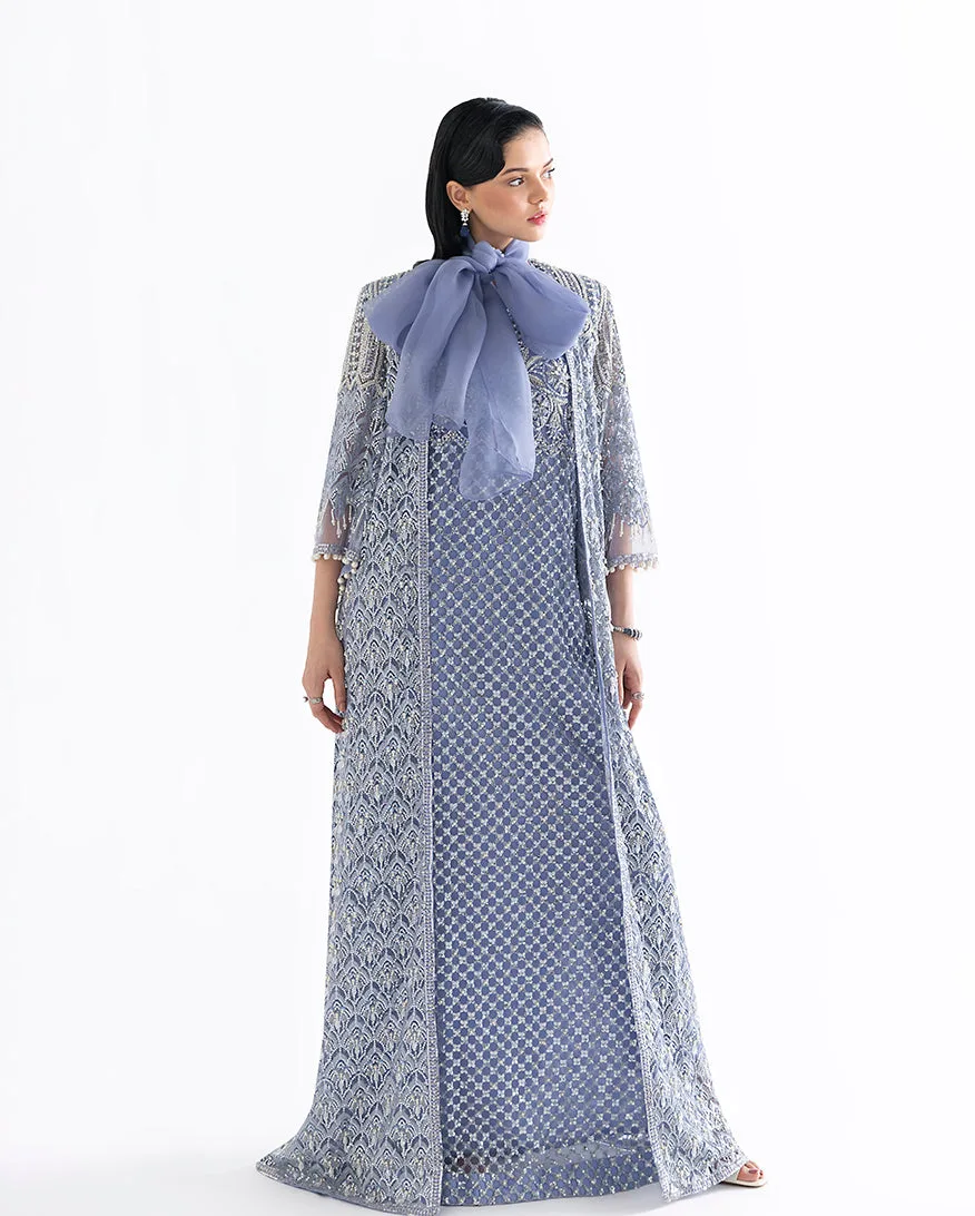 Ammarylis net shirt ensemble with silk slip and organza dupatta – view 7 – Poshaq