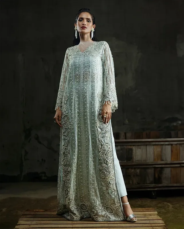 raw silk and net dress in elegant design – view 1 – Poshaq