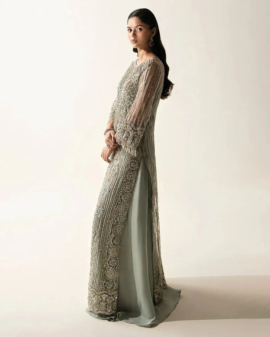 Sheer net formal dress in subtle tone with elegant detailing – view 2 – Poshaq