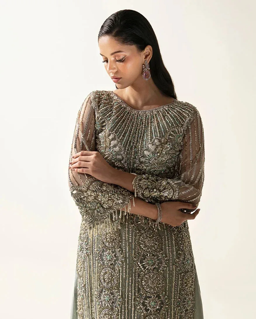 Sheer net formal dress in subtle tone with elegant detailing – view 7 – Poshaq