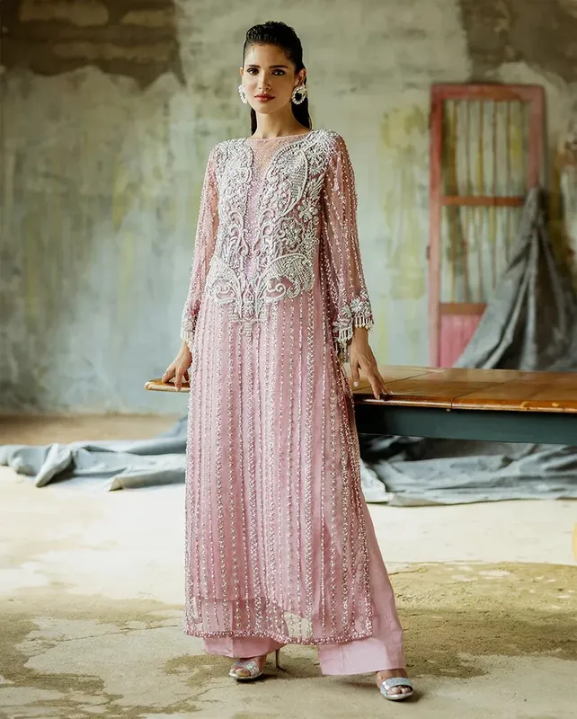 Raw silk dress with net embroidery – view 1 – Poshaq