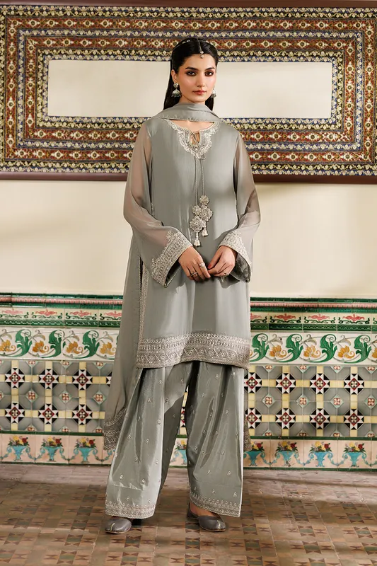 Blue unstitched chiffon dress with silk lining – view 1 – Poshaq