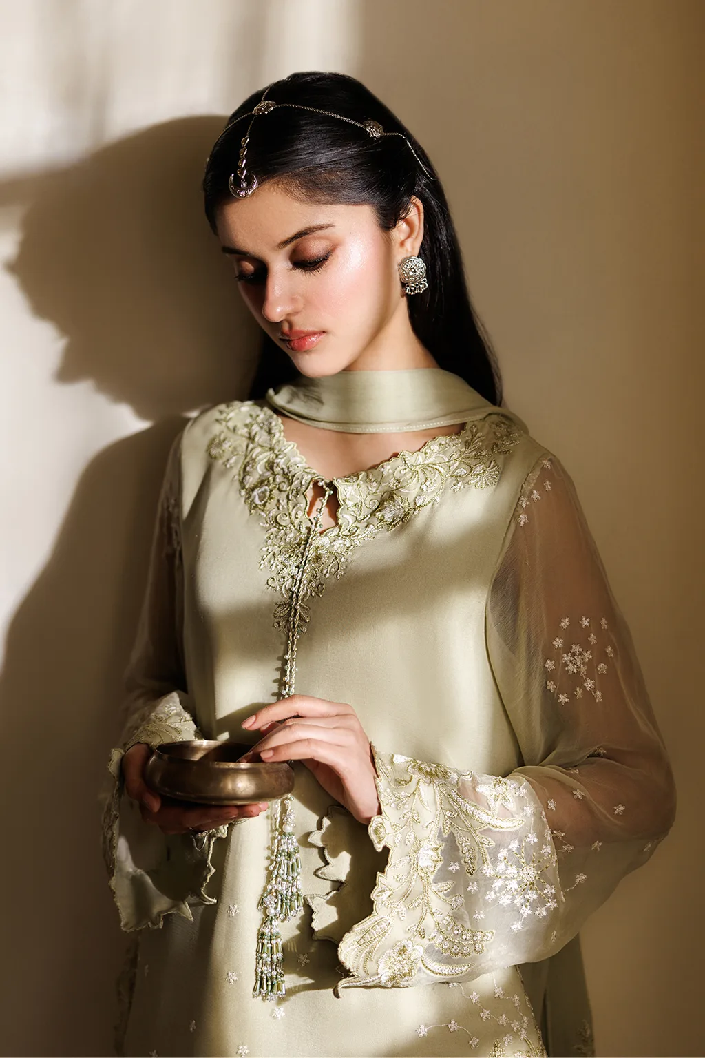 Yellow unstitched chiffon dress with embroidered organza neckline and full‑sleeve lining – view 3 – Poshaq