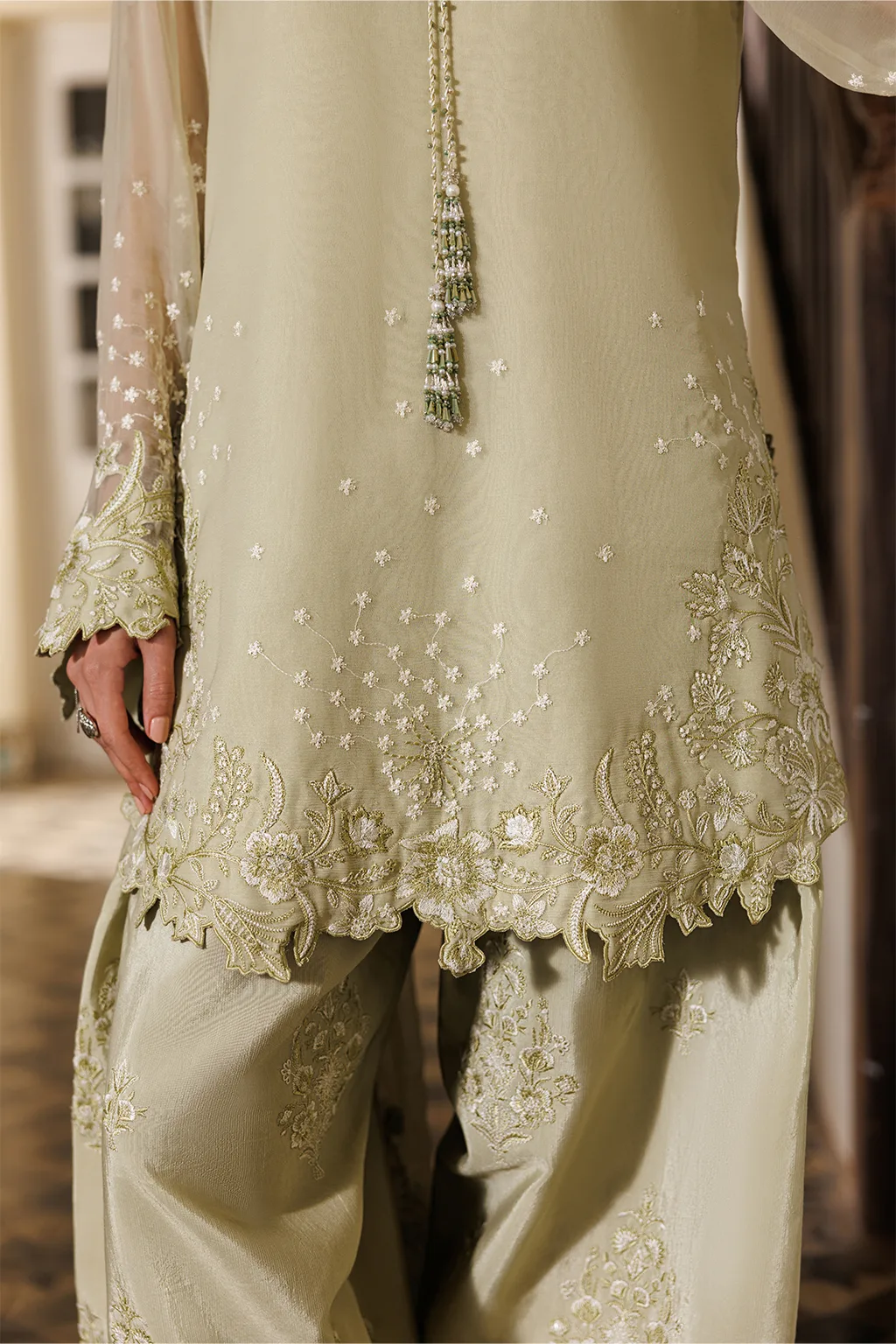 Yellow unstitched chiffon dress with embroidered organza neckline and full‑sleeve lining – view 4 – Poshaq