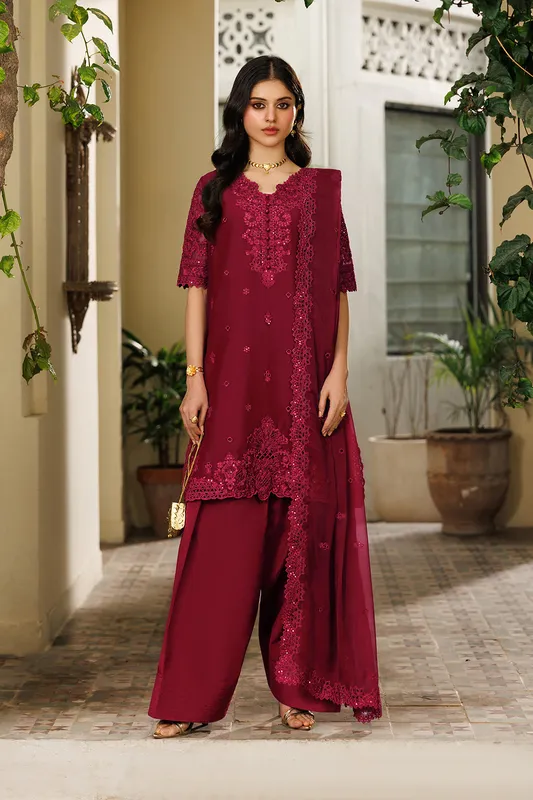 Maroon embroidered chiffon dress with full sleeves and dupatta – view 1 – Poshaq