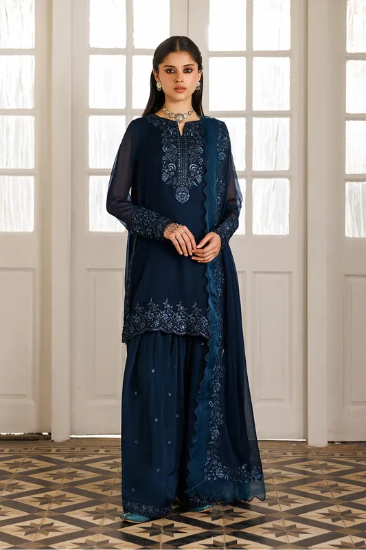 Blue embroidered chiffon dress with organza detailing – view 1 – Poshaq