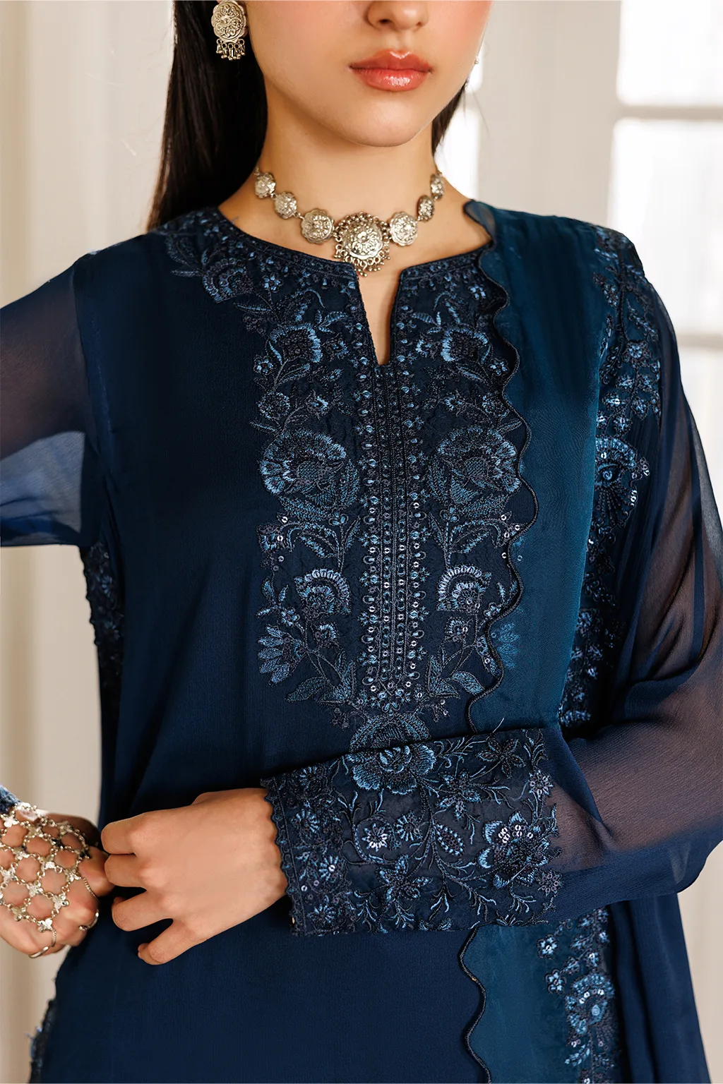 Blue embroidered chiffon dress with organza detailing – view 2 – Poshaq