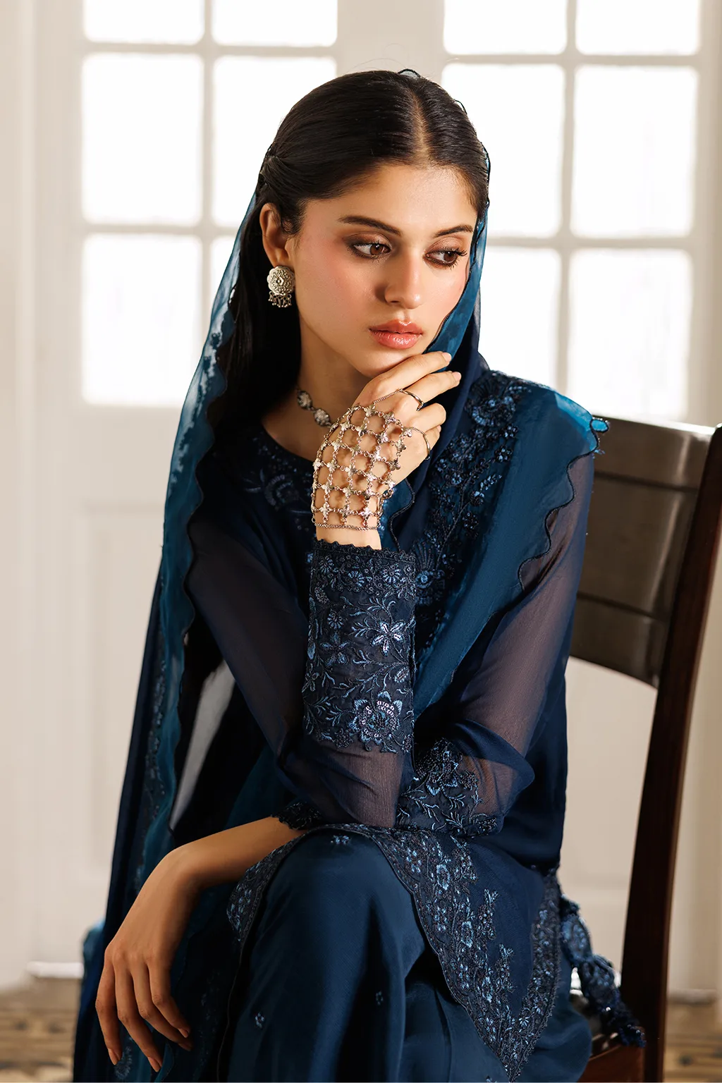 Blue embroidered chiffon dress with organza detailing – view 6 – Poshaq