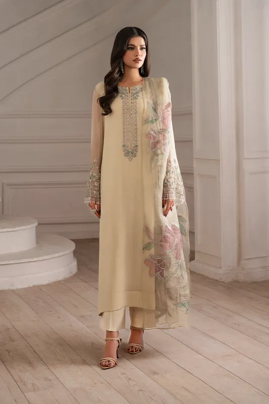 Unstitched embroidered chiffon suit with organza neckline and laser‑cut dupatta – view 1 – Poshaq