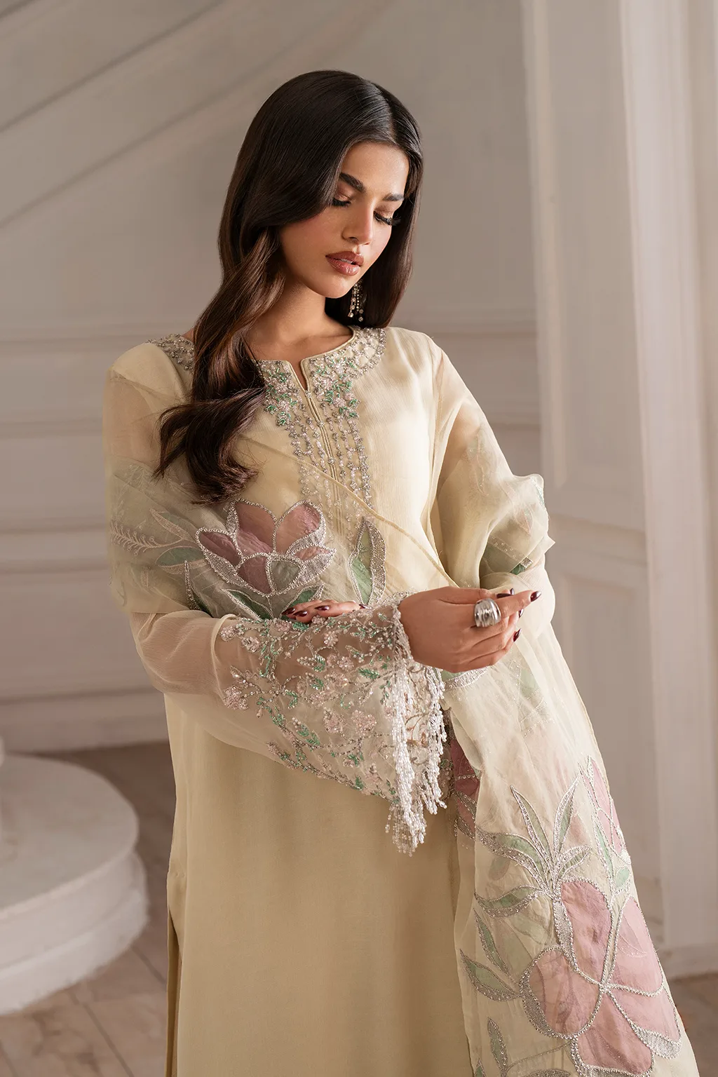 Unstitched embroidered chiffon suit with organza neckline and laser‑cut dupatta – view 10 – Poshaq
