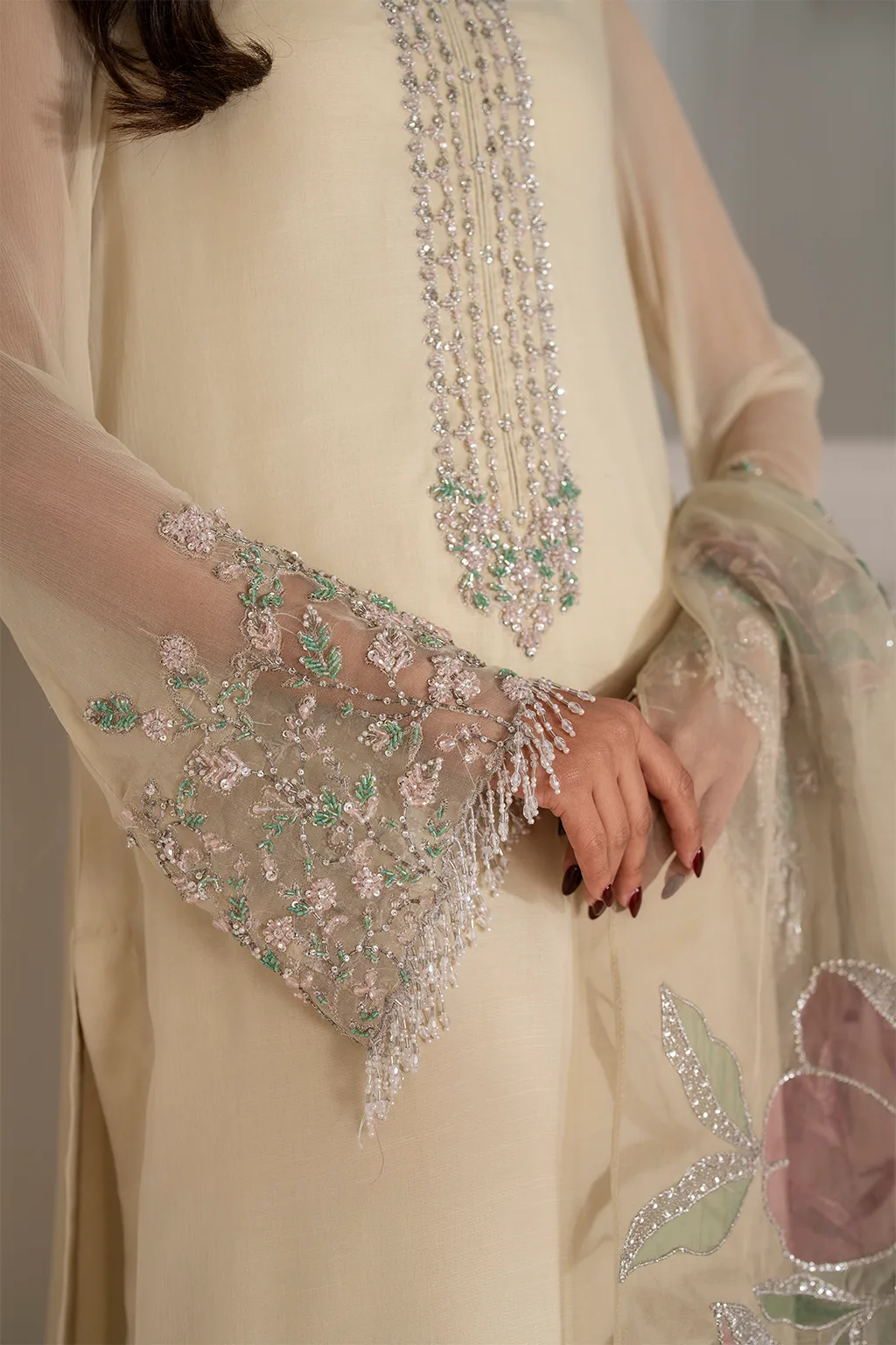 Unstitched embroidered chiffon suit with organza neckline and laser‑cut dupatta – view 2 – Poshaq