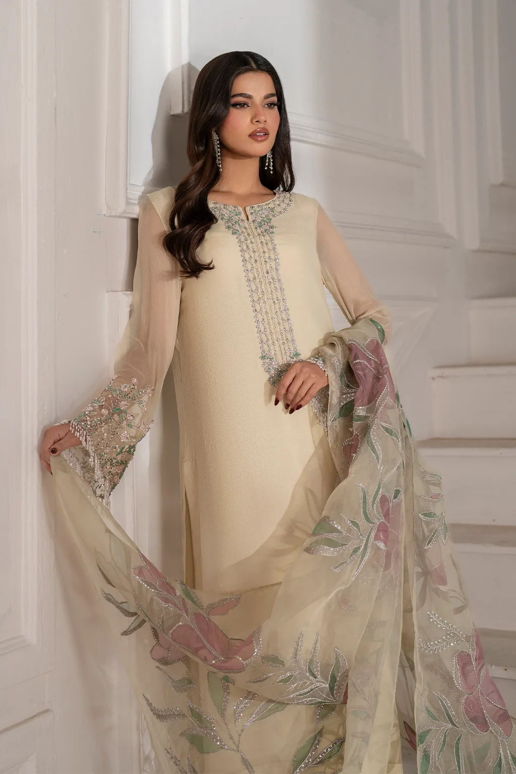 Unstitched embroidered chiffon suit with organza neckline and laser‑cut dupatta – view 3 – Poshaq