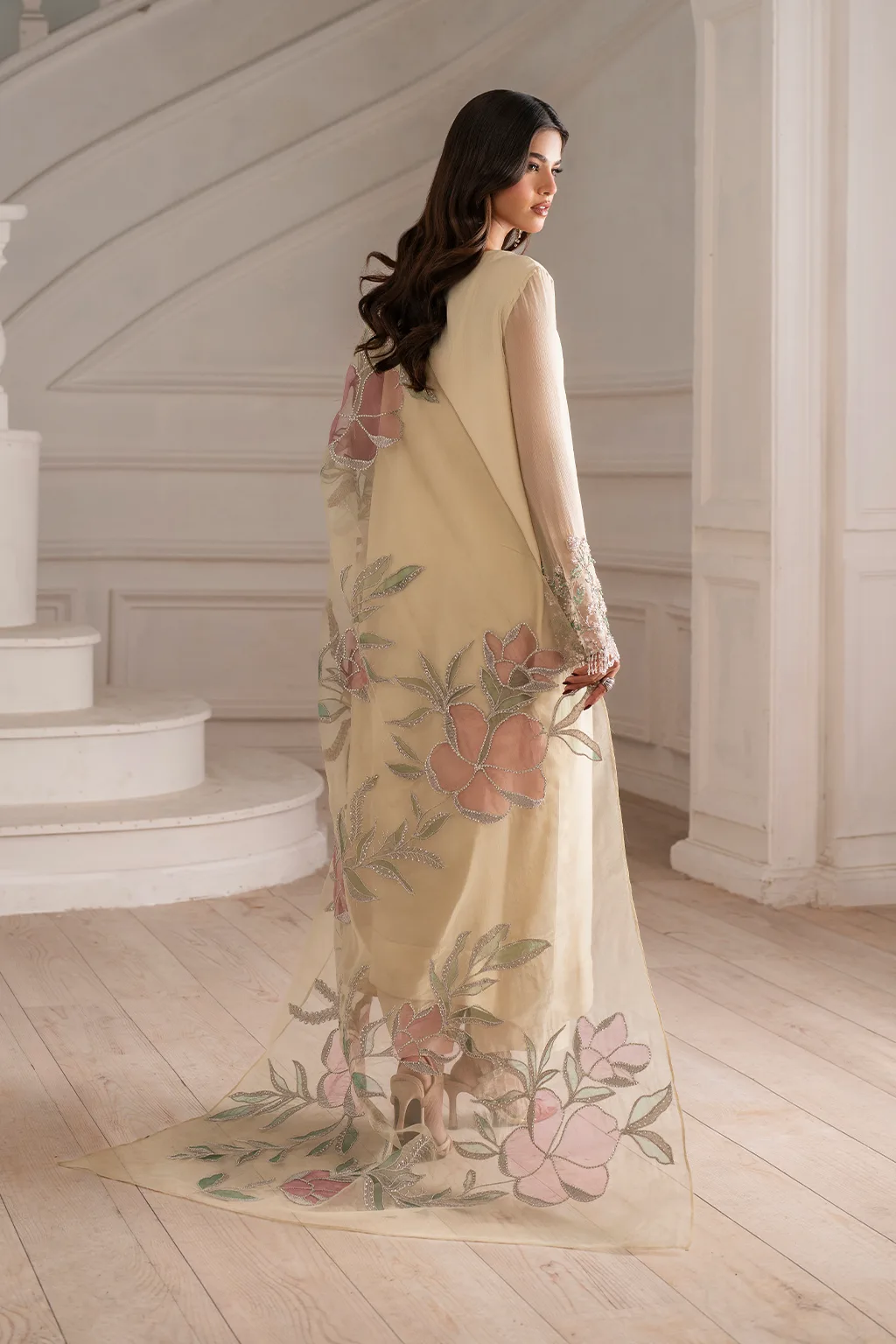 Unstitched embroidered chiffon suit with organza neckline and laser‑cut dupatta – view 4 – Poshaq
