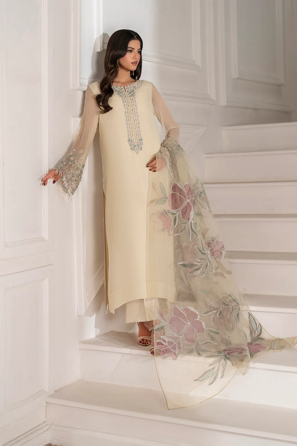 Unstitched embroidered chiffon suit with organza neckline and laser‑cut dupatta – view 5 – Poshaq