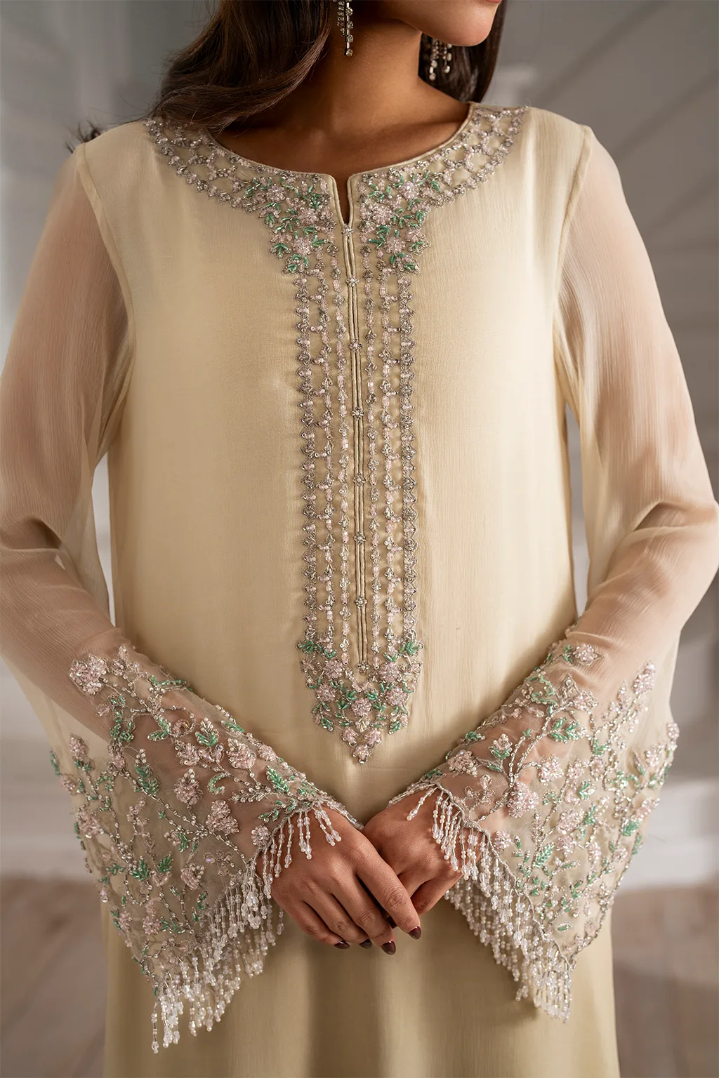 Unstitched embroidered chiffon suit with organza neckline and laser‑cut dupatta – view 6 – Poshaq