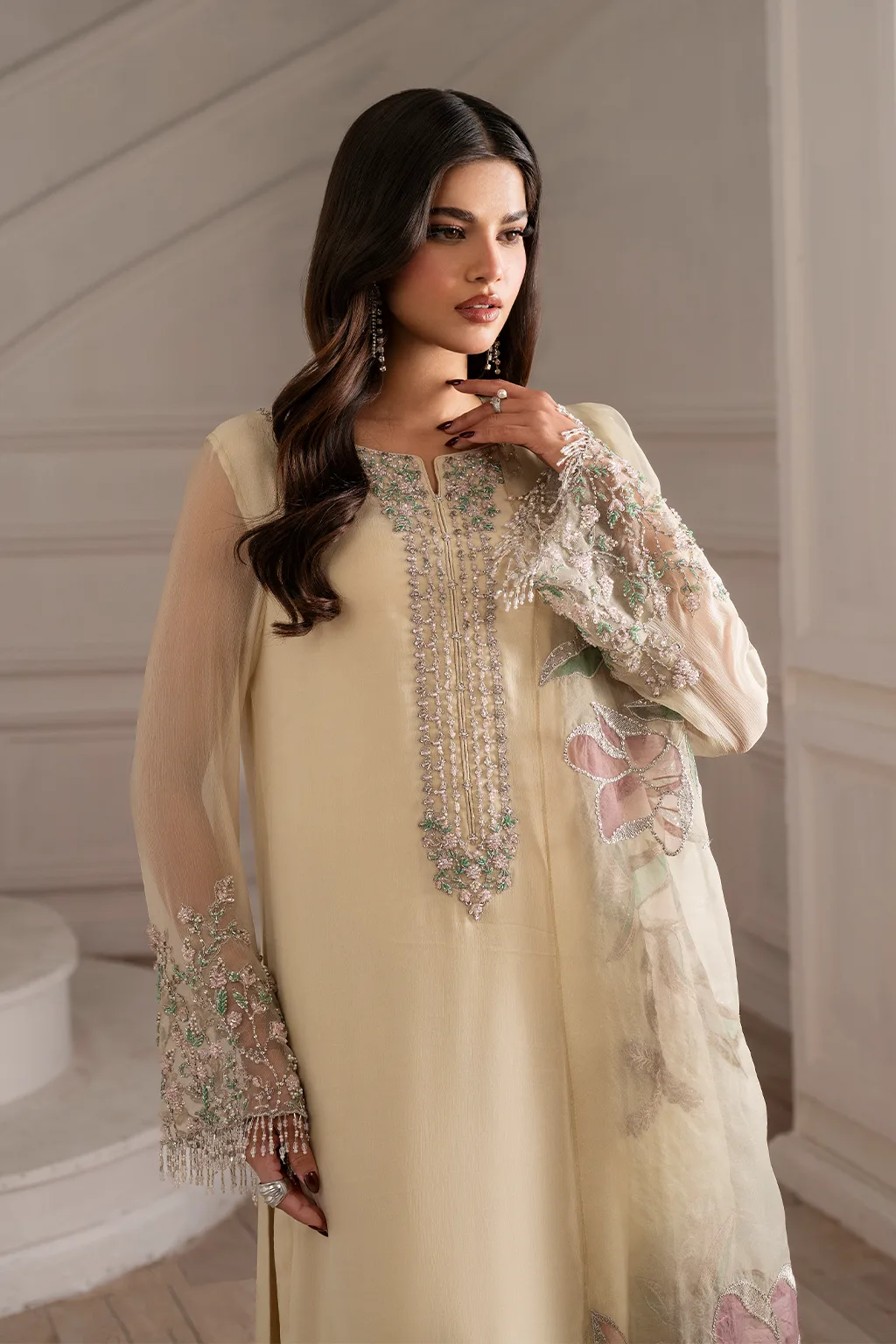 Unstitched embroidered chiffon suit with organza neckline and laser‑cut dupatta – view 7 – Poshaq