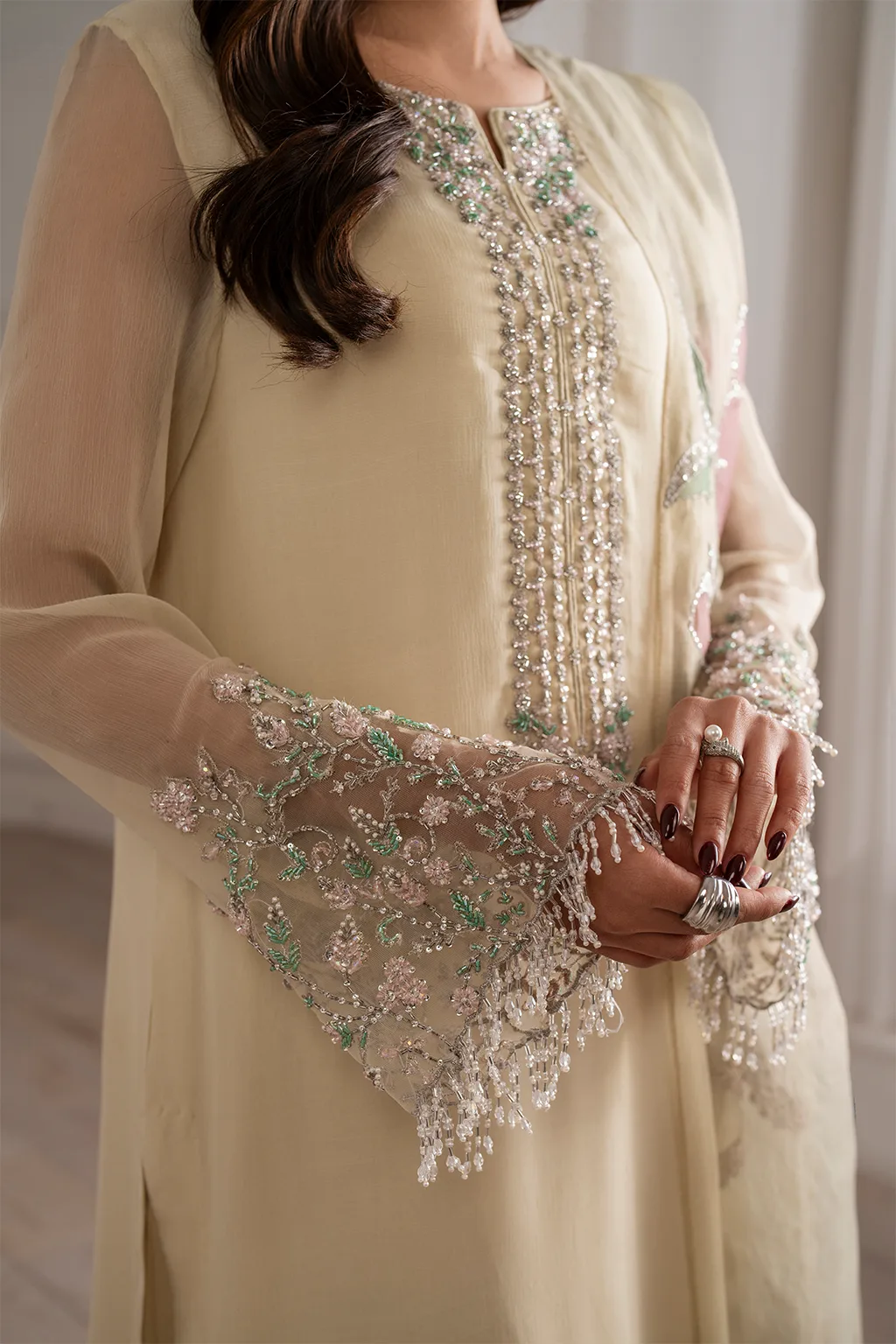 Unstitched embroidered chiffon suit with organza neckline and laser‑cut dupatta – view 8 – Poshaq