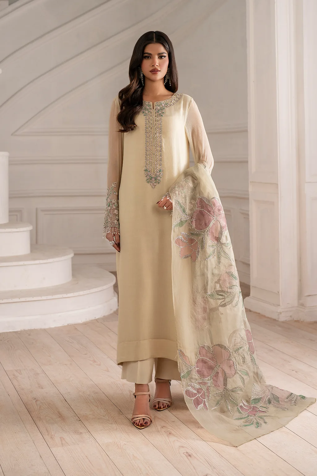 Unstitched embroidered chiffon suit with organza neckline and laser‑cut dupatta – view 9 – Poshaq