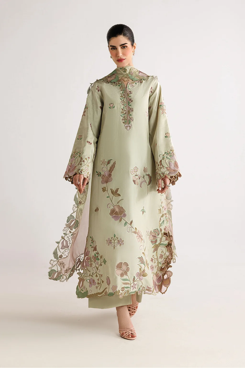 Ivory silk formal suit with laser‑cut organza detailing – view 1 – Poshaq